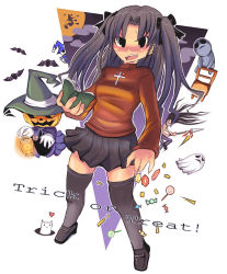 Rule 34 | 00s, 1girl, black thighhighs, book, candy, fate/stay night, fate (series), food, ghost, halloween, miniskirt, pleated skirt, pumpkin, sasago kaze, skirt, solo, thighhighs, tohsaka rin, trick or treat, turtleneck, twintails, zettai ryouiki