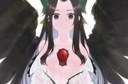 Rule 34 | 1girl, alternate eye color, alternate hairstyle, bird wings, black eyes, black hair, black wings, bow, breasts, commentary, empty eyes, frilled shirt collar, frills, green bow, hair bow, hair over breasts, highres, long hair, looking at viewer, medium breasts, o (crazyoton46), open mouth, parted bangs, reiuji utsuho, shirt, simple background, solo, third eye, touhou, upper body, white background, white shirt, wings