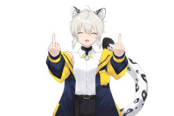 Rule 34 | 1girl, :d, ^ ^, animal ear fluff, animal ears, belt, belt buckle, black belt, black shorts, blue jacket, buckle, cait aron, closed eyes, collared shirt, double middle finger, dress shirt, facing viewer, fangs, grey hair, hair between eyes, indie virtual youtuber, jacket, kusubashi shiya, leopard ears, leopard girl, leopard tail, long sleeves, middle finger, off shoulder, open clothes, open jacket, open mouth, puffy long sleeves, puffy sleeves, shirt, shorts, simple background, smile, solo, tail, virtual youtuber, white background, white shirt