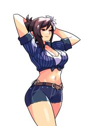 Rule 34 | 1girl, arms behind head, arms up, belt, belt buckle, bikini, bikini under clothes, black hair, blue shirt, blue shorts, breasts, brown belt, brown hair, buckle, cleavage, closed mouth, collarbone, commentary, cowboy shot, denim, denim shorts, english commentary, final fantasy, final fantasy vii, final fantasy vii rebirth, final fantasy vii remake, flower, hair flower, hair ornament, highleg, highleg bikini, highres, large breasts, long hair, midriff, navel, official alternate costume, official alternate hairstyle, red eyes, shirt, short shorts, shorts, side-tie bikini bottom, sidelocks, smile, smug, solo, swimsuit, tied shirt, tifa lockhart, tifa lockhart (majestic glamour), timtam, undressing, white background, white bikini, white flower