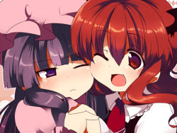 Rule 34 | 2girls, :d, bad id, bad pixiv id, blush, cheek-to-cheek, close-up, embodiment of scarlet devil, fang, female focus, happy, hat, head wings, heads together, holding hands, interlocked fingers, koakuma, long hair, matatabi maru, multiple girls, one eye closed, open mouth, patchouli knowledge, purple eyes, purple hair, red eyes, red hair, smile, touhou, wavy mouth, wince, wings, wink