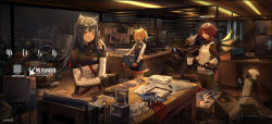 Rule 34 | 1boy, 3girls, animal ears, arknights, black dress, black gloves, black hair, blonde hair, blue hair, box, brown eyes, brown hair, chair, clipboard, closed mouth, computer, copyright name, cup, desk, dress, exusiai (arknights), fingerless gloves, fox ears, gloves, hair between eyes, hair over one eye, halo, hand up, highres, holding, holding box, holding cup, huanxiang heitu, indoors, jacket, laptop, long hair, looking at viewer, mask, miniskirt, monitor, mug, multiple girls, night, office, office chair, official art, paper, photocopier, pursed lips, red eyes, saucer, scenery, short hair, sidelocks, skirt, smile, sora (arknights), standing, swivel chair, texas (arknights), the emperor (arknights), tsurime, twintails, white hair, window blinds, wolf ears
