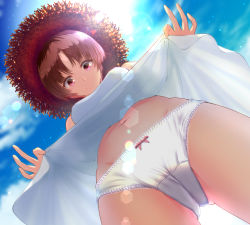 Rule 34 | 1girl, bare arms, bare shoulders, blush, bow, bow panties, breasts, brown hair, cameltoe, closed mouth, clothes lift, cloud, commentary request, day, dress, dress lift, flashing, from below, gluteal fold, groin, hat, highres, legs, lens flare, lifting own clothes, looking at viewer, looking down, medium breasts, navel, original, outdoors, panties, panty focus, pink bow, puriketsu corgy, purple eyes, short hair, skirt, skirt lift, sky, sleeveless, sleeveless dress, smile, solo, stomach, straw hat, sun hat, sundress, thighs, underwear, white dress, white panties