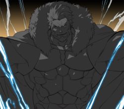 Rule 34 | 1boy, armor, bara, beard, cape, facial hair, fate/grand order, fate (series), gomtang, greyscale, iskandar (fate), large pectorals, leather, lightning, looking at viewer, male focus, manly, monochrome, muscular, pectorals, simple background, smile, solo, upper body