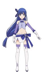 Rule 34 | 1girl, aqua eyes, blue hair, blue thighhighs, boots, bow, long hair, official art, sakigake rei, solo, stomach, straight-on, thigh boots, thighhighs, transparent background, very long hair, waist bow, wixoss, wixoss diva(a)live