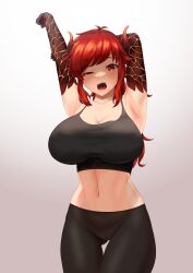Rule 34 | 1girl, absurdres, arm behind head, armpits, arms up, black pants, black tank top, breasts, crop top, dola (nijisanji), dragon girl, dragon horns, dragon tail, gluteal fold, gradient background, gradient horns, hair between eyes, highres, horns, large breasts, long hair, looking at viewer, midriff, lava, multicolored horns, navel, nijisanji, open mouth, pants, red eyes, red hair, solo, stomach, stretching, tail, tank top, virtual youtuber, yawning, yuunoro.