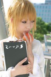 Rule 34 | amane misa, apple, blonde hair, book, cosplay, death note, food, fruit, highres, photo (medium)