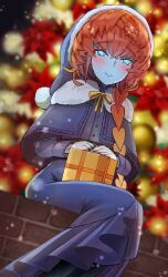 Rule 34 | 1girl, absurdres, blue eyes, blue skin, blush, box, braid, brown hair, christmas, christmas tree, closed mouth, colored skin, crown braid, dress, fate/grand order, fate (series), fur-trimmed headwear, fur trim, gift, gift box, gloves, hat, highres, jacket, long sleeves, looking at viewer, santa hat, shimogamo (shimomo 12), side braid, sitting, smile, snowing, solo, van gogh (fate), van gogh (second ascension) (fate), white gloves