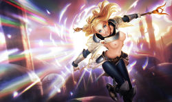 Rule 34 | blonde hair, blue eyes, breasts, league of legends, long hair, lux (league of legends), nipples, nude filter, smile, staff, third-party edit, topless
