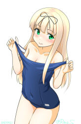Rule 34 | 1girl, black ribbon, blonde hair, blue one-piece swimsuit, blush, breasts, collarbone, covered navel, cowboy shot, embarrassed, green eyes, hair ribbon, kantai collection, long hair, old school swimsuit, one-piece swimsuit, ray.s, ribbon, school swimsuit, small breasts, solo, swimsuit, twitter username, white background, yuudachi (kancolle)