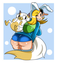 Rule 34 | 1girl, adventure time, animal hood, ass, backpack, bag, bent over, black eyes, blonde hair, breasts, cake (adventure time), cat, curvy, eric lowery, fionna campbell, grin, hip focus, hood, huge ass, large breasts, long hair, looking back, one eye closed, polka dot, polka dot background, rabbit hood, salute, simple background, skirt, smile, thighhighs, undersized clothes, white thighhighs, wide hips, wink, zettai ryouiki