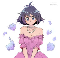 Rule 34 | 1girl, alternate costume, amelia wil tesla seyruun, artist name, black hair, blush, breasts, cleavage, collarbone, dress, earrings, flower, highres, jewelry, looking at viewer, medium breasts, melissatea, necklace, off-shoulder dress, off shoulder, pearl necklace, pink dress, pixiv id, purple flower, short hair, slayers, smile, solo, white background