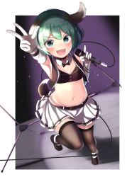 Rule 34 | 1girl, animal ears, black footwear, blush, border, brown thighhighs, colored eyelashes, commentary request, detached collar, dog ears, elbow gloves, flat chest, full body, gloves, green eyes, green hair, hair between eyes, highres, holding, holding microphone, kasodani kyouko, looking at viewer, microphone, microphone stand, midriff, navel, open mouth, outside border, short hair, solo, standing, thighhighs, tojo aoi, touhou, v, v-shaped eyebrows, white border, white gloves
