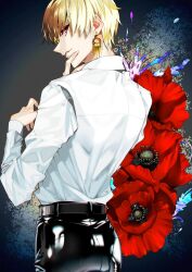 Rule 34 | 1boy, back, black pants, blonde hair, earrings, fate/grand order, fate/stay night, fate/strange fake, fate/zero, fate (series), finger to own chin, floral background, flower, gilgamesh (fate), highres, jewelry, kabosoi mangaka, latex, long sleeves, looking at viewer, looking back, male focus, pants, red eyes, red flower, shiny clothes, shirt, short hair, smile, solo, white shirt