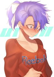 Rule 34 | 1girl, blue hair, blush, bow, breasts, cleavage, clothes grab, crying, crying with eyes open, dotsuco, embarrassed, female focus, genderswap, genderswap (mtf), hair bow, highres, original, ponytail, red shirt, reebok, shirt, solo, tears, white bow