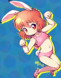 Rule 34 | 1girl, :o, animal ears, blue background, blush, buruma, collarbone, commentary request, copyright request, crop top, crop top overhang, cropped shirt, full body, highres, knees together feet apart, looking at viewer, medium hair, navel, paid reward available, parted lips, paw pose, pink buruma, pink footwear, pink shirt, polka dot, polka dot background, rabbit ears, rabbit girl, rabbit tail, red eyes, red hair, sakurabe notos, shirt, solo, tail