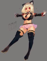 Rule 34 | 1girl, animal ears, boots, breasts, cat ears, cleavage, crop top, detached sleeves, fantasy earth zero, gloves, high heels, miniskirt, n.a., panties, pantyshot, red eyes, see-through, shoes, skirt, smile, solo, thigh boots, thighhighs, thong, underwear, upskirt