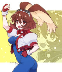 Rule 34 | 1girl, animal ears, arm up, ass, bodysuit, breasts, brown eyes, brown hair, cleavage, clenched hand, cropped jacket, dated, fingerless gloves, gloves, goggles, goggles on head, hand on own hip, highres, kmy-3 (kumayu), looking back, makihara arina, medium breasts, open mouth, rabbit ears, rabbit girl, short hair, short sleeves, skin tight, smile, solo, star (symbol), waku waku 7, zoom layer