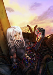 Rule 34 | 1girl, amayofuu, android, cable, cloud, destruction, original, pink hair, robot, sky, solo, sunset, wire, yellow eyes