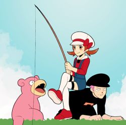Rule 34 | 1boy, 1girl, blue overalls, blush, bow, brown eyes, brown hair, cabbie hat, closed mouth, cloud, commentary request, creatures (company), crossed legs, day, fishing, fishing rod, game freak, gen 1 pokemon, grass, hat, hat bow, holding, holding fishing rod, jaho, long hair, lyra (pokemon), nintendo, outdoors, overalls, pokemon, pokemon (creature), pokemon hgss, red bow, red footwear, red shirt, shirt, shoes, sitting, sitting on person, sky, slowpoke, smile, team galactic, team galactic uniform, team rocket grunt, thighhighs, twintails, white headwear, white thighhighs