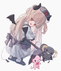 Rule 34 | 1girl, alternate color, apron, bandaged horn, berry (sanrio), black apron, black footwear, black horns, black tail, blonde hair, blunt bangs, blush, cherry (sanrio), chimoshi (hitsuji tonakai), commentary request, crossover, dark persona, demon girl, demon horns, demon tail, demon wings, dress, full body, grey background, hat, highres, horns, long hair, looking at viewer, natori sana, nurse cap, open mouth, puffy short sleeves, puffy sleeves, red eyes, sana channel, sanrio, short sleeves, simple background, slippers, smile, squatting, stuffed animal, stuffed toy, tail, thighhighs, top hat, two side up, virtual youtuber, white dress, white thighhighs, wings