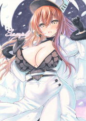 Rule 34 | 1girl, azur lane, black gloves, blush, breasts, cleavage, cleavage cutout, clothing cutout, coat, fur-trimmed coat, fur trim, gloves, hair between eyes, hands up, hat, highres, large breasts, long hair, looking at viewer, marker (medium), peaked cap, purplepencil, red hair, solo, traditional media, volga (azur lane), wavy mouth, white coat, white hat, winter clothes, yellow eyes