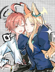 2girls :o ahoge alternate_costume animal_ear_fluff animal_ears artist_name bag black_bag black_halo black_skirt blonde_hair blue_archive blue_cardigan bow bowtie braid buttons cardigan ear_scrunchie expressionless fang fox_ears fox_girl fox_tail green_bow green_bowtie green_eyes green_scrunchie grey_background grid_background halo hand_on_own_hip heads_together heart heart_ahoge highres holding holding_bag huge_ahoge long_sleeves looking_at_viewer multiple_girls neru_(blue_archive) neru_(school_uniform)_(blue_archive) official_alternate_costume one_eye_closed open_clothes open_mouth open_shirt orange_hair parted_bangs pink_eyes school_bag school_uniform scrunchie seia_(blue_archive) shirt side_braid sidelocks simple_background single_sleeve_past_fingers single_sleeve_past_wrist sketch skirt sleeves_past_elbows sparkle spoken_squiggle squiggle sweatdrop swept_bangs tail two-tone_eyes upper_body v-shaped_eyebrows variant_set w watermark weibo_watermark white_shirt xuechachu yellow_halo yellow_tail