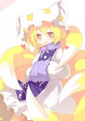 Rule 34 | 1girl, animal hat, blonde hair, brown eyes, dress, fang, fox tail, hands in opposite sleeves, hat, heart, long sleeves, looking at viewer, mob cap, multiple tails, open mouth, own hands together, mob cap, poketo, short hair, sleeves past wrists, solo, tail, tassel, touhou, white background, wide sleeves, yakumo ran