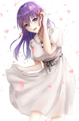 Rule 34 | 1girl, absurdres, black ribbon, breasts, clothes lift, commentary, dress, dress lift, fate/stay night, fate (series), hair ribbon, highres, large breasts, leaf, long hair, looking at viewer, matou sakura, nepodayo, official alternate costume, open mouth, purple eyes, purple hair, red ribbon, ribbon, short sleeves, smile, solo, white dress