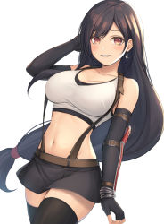 Rule 34 | 1girl, bad id, bad pixiv id, black gloves, black hair, black skirt, black thighhighs, breasts, collarbone, commentary request, earrings, elbow gloves, elbow pads, final fantasy, final fantasy vii, final fantasy vii remake, fingerless gloves, gloves, jewelry, large breasts, long hair, looking at viewer, low-tied long hair, midriff, miniskirt, mutsuba fumi, navel, parted lips, pencil skirt, red eyes, shirt, simple background, skirt, sleeveless, sleeveless shirt, smile, solo, suspender skirt, suspenders, tank top, taut clothes, taut shirt, thighhighs, tifa lockhart, very long hair, white background