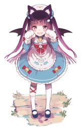 Rule 34 | 1girl, animal ear fluff, animal ears, animal hands, apron, asymmetrical legwear, bat wings, bell, black footwear, blue dress, blunt bangs, blunt ends, blush, bubble skirt, collar, dress, fang, fish hair ornament, gloves, hair ornament, hairclip, hat, heart, heart-shaped pupils, highres, leaning forward, leg ribbon, long hair, long sleeves, mary janes, mismatched legwear, neck bell, nprmtp, original, paw gloves, paw pose, purple eyes, purple hair, ribbon, shoes, skirt, solo, symbol-shaped pupils, two side up, white apron, white background, white legwear, wings
