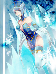 Rule 34 | 10s, 1girl, bad id, bad pixiv id, bare shoulders, blue eyes, blue hair, blue rose (tiger &amp; bunny), boots, breasts, cleavage, detached collar, earrings, elbow gloves, gloves, hoe satsuki, ice, jewelry, karina lyle, large breasts, leotard, lipstick, makeup, matching hair/eyes, snowflakes, solo, thigh boots, thighhighs, tiger &amp; bunny