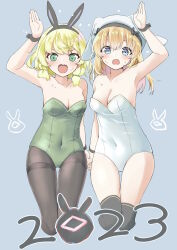 Rule 34 | 2023, 2girls, @ @, alice in cradle, animal ears, animal hat, arm up, bare shoulders, beret, black hairband, black pantyhose, blonde hair, blue background, blush, breasts, character request, chinese zodiac, cleavage, collarbone, commentary request, covered navel, fake animal ears, fang, green eyes, green leotard, hairband, hat, highres, holding hands, leotard, long hair, looking at viewer, medium breasts, multiple girls, open mouth, pantyhose, rabbit ears, sekira ame, sidelocks, simple background, small breasts, sweat, thighband pantyhose, v-shaped eyebrows, wavy mouth, white headwear, white leotard, year of the rabbit
