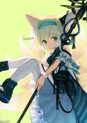 Rule 34 | 1girl, animal ears, arknights, bare shoulders, black footwear, black gloves, blonde hair, blue hairband, bow, character name, dress, earpiece, foot out of frame, fox ears, fox girl, fox tail, gloves, green bow, green eyes, hairband, highres, holding, holding staff, izumo (ton 63), kitsune, kyuubi, looking at viewer, material growth, multicolored hair, multiple tails, oripathy lesion (arknights), pantyhose, purple dress, simple background, single glove, smile, solo, split mouth, staff, streaked hair, suzuran (arknights), tail, white hair, white pantyhose