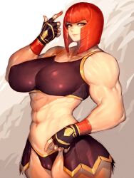 Rule 34 | 1girl, abs, belt, biceps, blue sky, bob cut, breasts, chain, come hither, covered erect nipples, crop top, fumio (rsqkr), gladiator, highres, index finger raised, jewelry, large breasts, lipstick, makeup, marisa (street fighter), muscular, muscular female, necklace, pillar, red hair, shorts, skirt, sky, smile, solo, street fighter, street fighter 6, wide hips