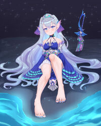 Rule 34 | 1girl, aisuman, artist name, bare legs, barefoot, blue dress, blue eyes, blue lips, blue nails, breasts, closed mouth, commentary, commission, crossed bangs, detached sleeves, dress, duel monster, english commentary, eyelashes, feet, full body, grey hair, highres, knee up, legs, long hair, looking at viewer, medium breasts, nail polish, on ground, planted, planted sword, planted weapon, pointy ears, shiny skin, short dress, signature, sitting, smile, solo, sparkle, sword, tearlaments kitkallos, thighs, tiara, toenail polish, toenails, toes, very long hair, weapon, wide sleeves, yu-gi-oh!