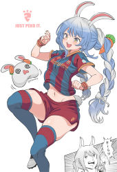 Rule 34 | 1girl, @ @, alternate costume, animal ear fluff, animal ears, artist name, blue hair, blue legwear, blue shirt, blush, braid, breasts, captain tsubasa, carrot hair ornament, catchphrase, cleats, commentary, copyright name, cowboy shot, cross-laced footwear, english commentary, fc barcelona, food-themed hair ornament, foot out of frame, groin, hair ornament, hair ribbon, highres, hololive, juggling, knee up, light blue hair, lionel messi, logo, long hair, medium breasts, midriff, motion lines, multicolored hair, multiple views, nail polish, navel, nike (company), open mouth, parody, pekomon (usada pekora), rabbit-shaped pupils, rabbit ears, red eyes, red shirt, red shorts, ribbon, shirt, shoes, short shorts, short sleeves, shorts, simple background, skindentation, smile, soccer uniform, sportswear, striped clothes, striped shirt, style parody, sweatband, symbol-only commentary, symbol-shaped pupils, thick eyebrows, thighs, translated, tress ribbon, twin braids, twintails, twitter username, two-tone hair, two-tone shirt, usada pekora, vertical-striped clothes, vertical-striped shirt, vinhnyu, virtual youtuber, white background, white footwear, white hair, white ribbon, wristband, yellow nails