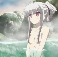 Rule 34 | 10s, 1girl, 8-bit (company), absolute duo, flat chest, folded ponytail, hair censor, hair over breasts, highres, long hair, looking up, onsen, outdoors, partially submerged, red eyes, screencap, silver hair, stitched, third-party edit, water, yurie sigtuna