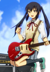 Rule 34 | 1girl, amplifier, black hair, black socks, brown eyes, cloud, converse, day, electric guitar, guitar, instrument, jumping, k-on!, long hair, marshall, nakano azusa, no10, open mouth, plectrum, ribbon, round teeth, school uniform, shoes, sky, sneakers, socks, solo, sweater vest, teeth, twintails