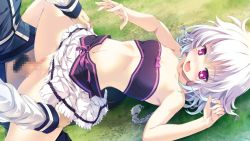 Rule 34 | 1boy, 1girl, bandeau, bare arms, black bandeau, blush, braid, breasts, censored, clothes lift, collarbone, game cg, grass, hair between eyes, hetero, iris krug, long hair, long sleeves, midriff, miniskirt, mizunezumi, mosaic censoring, navel, open mouth, outdoors, penis, pleated skirt, pussy, re;lord dai san shou, red eyes, sex, single braid, skirt, skirt lift, small breasts, solo focus, spread legs, stomach, vaginal, white hair, white skirt