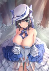 Rule 34 | 1girl, aqua eyes, azur lane, bare shoulders, black hair, blush, breasts, cheshire (azur lane), cheshire (the cat and the white steed) (azur lane), cleavage, collarbone, dress, hair ribbon, large breasts, long hair, looking at viewer, manda (manda9n), multicolored hair, official alternate costume, open mouth, ribbon, solo, standing, white dress, white headwear