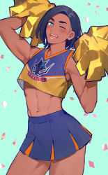 Rule 34 | 1boy, abs, alternate costume, bare arms, black hair, blue eyes, blue skirt, blush, cheerleader, commentary request, confetti, creatures (company), crop top, crossdressing, dark-skinned male, dark skin, earrings, game freak, holding, holding pom poms, jewelry, looking at viewer, male focus, meiji (meiji770), miniskirt, navel, nintendo, one eye closed, open mouth, pleated skirt, pokemon, pokemon swsh, pom pom (cheerleading), pom poms, raihan (pokemon), skirt, sleeveless, smile, solo, teeth, thighs, tongue, yellow pom poms