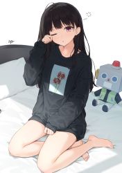 Rule 34 | 1girl, ;o, absurdres, bare legs, barefoot, bed, bed sheet, black hair, black shirt, blush, commentary request, feet, floral print, flower, full body, hand up, highres, inoue takina, legs, long hair, long sleeves, looking at viewer, lycoris recoil, no pants, on bed, one eye closed, parted lips, pillow, red eyes, robota (lycoris recoil), rubbing eyes, shirt, sidelocks, signature, sitting, solo, spider lily, spider lily print, sunlight, takenoko no you, thighs, toes, toy robot, waking up, white background, yokozuwari