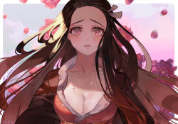 Rule 34 | 1girl, artist name, black hair, blush, border, breasts, cleavage, collarbone, commentary request, crying, crying with eyes open, flower, forehead, gradient hair, hair ribbon, japanese clothes, kamado nezuko, kimetsu no yaiba, kimono, long hair, looking at viewer, medium breasts, multicolored hair, aged up, open clothes, open kimono, outside border, parted lips, patterned clothing, peach luo, petals, pink eyes, pink flower, pink kimono, pink ribbon, red hair, ribbon, solo, sparkle, tears, upper body, very long hair, white border