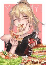 Rule 34 | 1girl, ^ ^, bacon, bare shoulders, beef, black nails, black shirt, blonde hair, blush, bottle, burger, cheese, closed eyes, clothing cutout, coca-cola, eating, english text, extra arms, extra eyes, eyelashes, fingernails, food, french fries, hair ornament, hair scrunchie, happy, highres, holding, holding bottle, holding food, joki yoh, long fingernails, medium hair, nail polish, original, pink background, pizza, plate, ponytail, salad, sauce, scrunchie, shirt, shoulder cutout, simple background, solo, tomato, upper body, what
