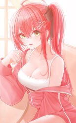 Rule 34 | absurdres, ahoge, bare shoulders, bow, breasts, cleavage, collarbone, eyelashes, flower hair ornament, hair between eyes, hair bow, hair ornament, hairpin, hand up, highres, hololive, jacket, large breasts, light blush, long hair, long sleeves, looking at viewer, off shoulder, open mouth, partially unzipped, red hair, red jacket, sakura miko, side ponytail, sidelocks, smile, tank top, virtual youtuber, yellow eyes