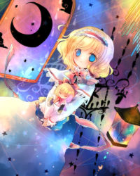 Rule 34 | 2girls, alice margatroid, blonde hair, blue eyes, blue theme, bow, bowtie, capelet, closed eyes, crescent moon, doll, female focus, gradient background, hair bow, hairband, lantern, moon, multiple girls, shanghai doll, short hair, solo, standing, star (symbol), torii sumi, touhou, v arms