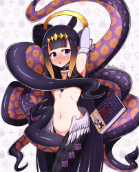 Rule 34 | 1girl, armpits, arms up, black hair, blush, book, detached sleeves, hair between eyes, hair ornament, highres, hololive, hololive english, izuthree, looking at viewer, mole, mole under eye, navel, ninomae ina&#039;nis, open mouth, purple eyes, simple background, solo, tentacles, thighhighs, virtual youtuber