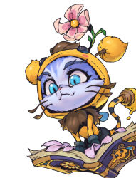 Rule 34 | animal, bee costume, blue eyes, book, cat, floating, floating object, flower, fur collar, grey background, league of legends, no humans, open book, phantom ix row, pink flower, simple background, smile, tail, yuubee, yuumi (league of legends)