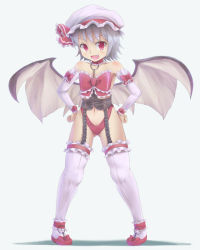Rule 34 | 1girl, alternate costume, bad id, bad pixiv id, bat wings, collar, corset, curry fuumi, fang, female focus, hat, mizuoka (curry), open mouth, red eyes, remilia scarlet, ribbon, short hair, silver hair, solo, thighhighs, touhou, white thighhighs, wings, wrestling outfit